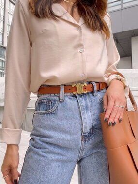 Celine Triomphe Brown Belt with Gold Buckle 85